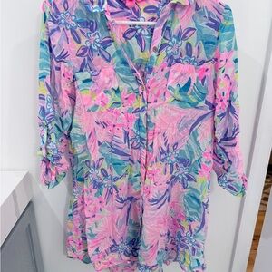 Lilly Pulitzer Pink and Blue Floral Long Sleeve Cover-Up